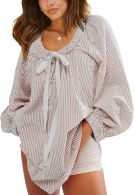 Womens Striped Blouse Long Sleeve Shirts Bow Tie Front Casual Loose Tunic Tops
