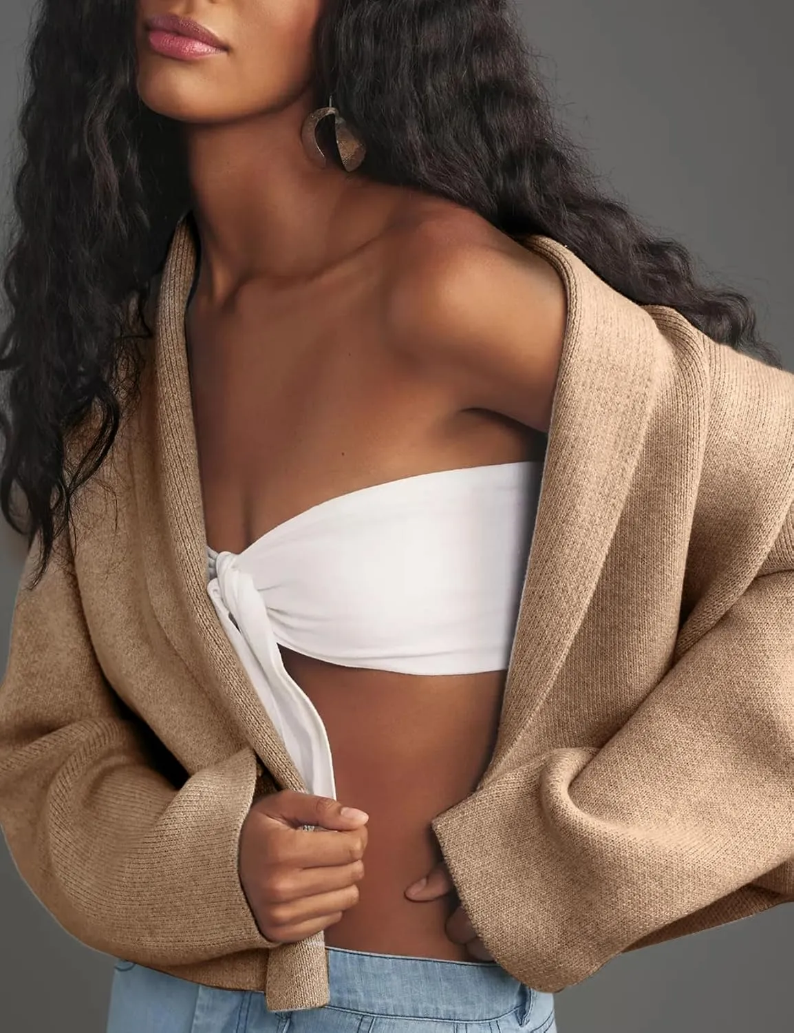 Wyeysyt Womens Cropped Cardigan Sweater Oversized Lapel Shawl Coatigan Chunky Knit Long Sleeve Sweater