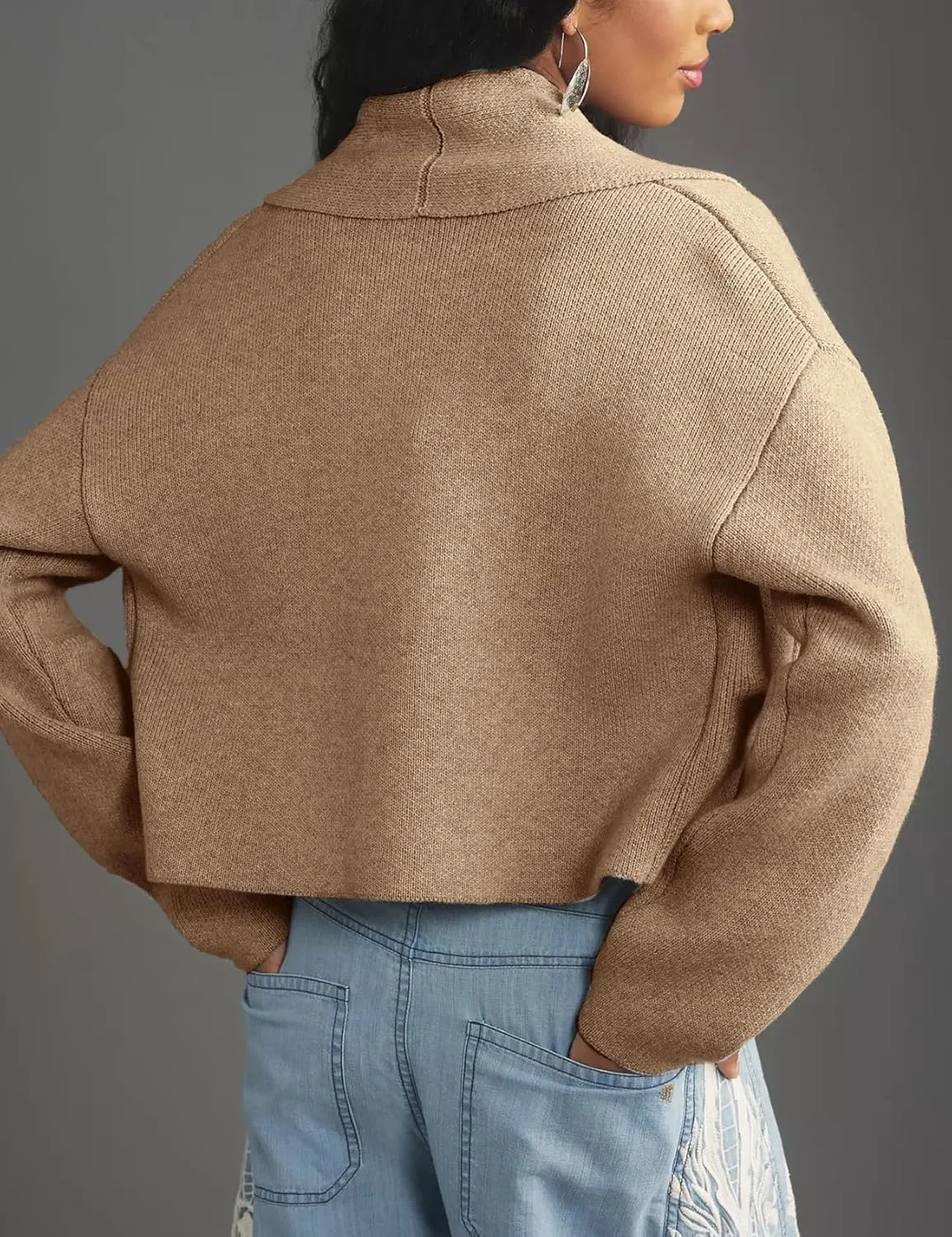 Wyeysyt Womens Cropped Cardigan Sweater Oversized Lapel Shawl Coatigan Chunky Knit Long Sleeve Sweater