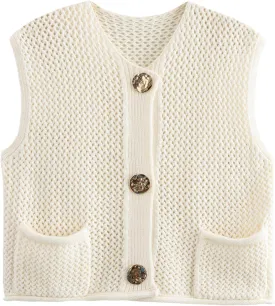 Yimoon Womens Crochet Chunky Knit Sweater Vest Casual Sleeveless Button Down Vest Tops Cropped Cardigan Sweaters with Pockets