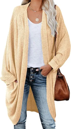 ZoeAce Womens Open Front Knit Cardigan Long Batwing Sleeve Oversized Sweater Chunky Waffle Cable Boho Pockets Coat