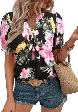 ZXZY Women Hawaiian Print Puff Short-Sleeve Bow Tie V Neck Dressy Tops T-Shirt Blouse