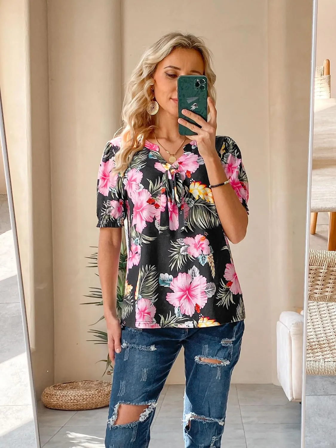 ZXZY Women Hawaiian Print Puff Short-Sleeve Bow Tie V Neck Dressy Tops T-Shirt Blouse