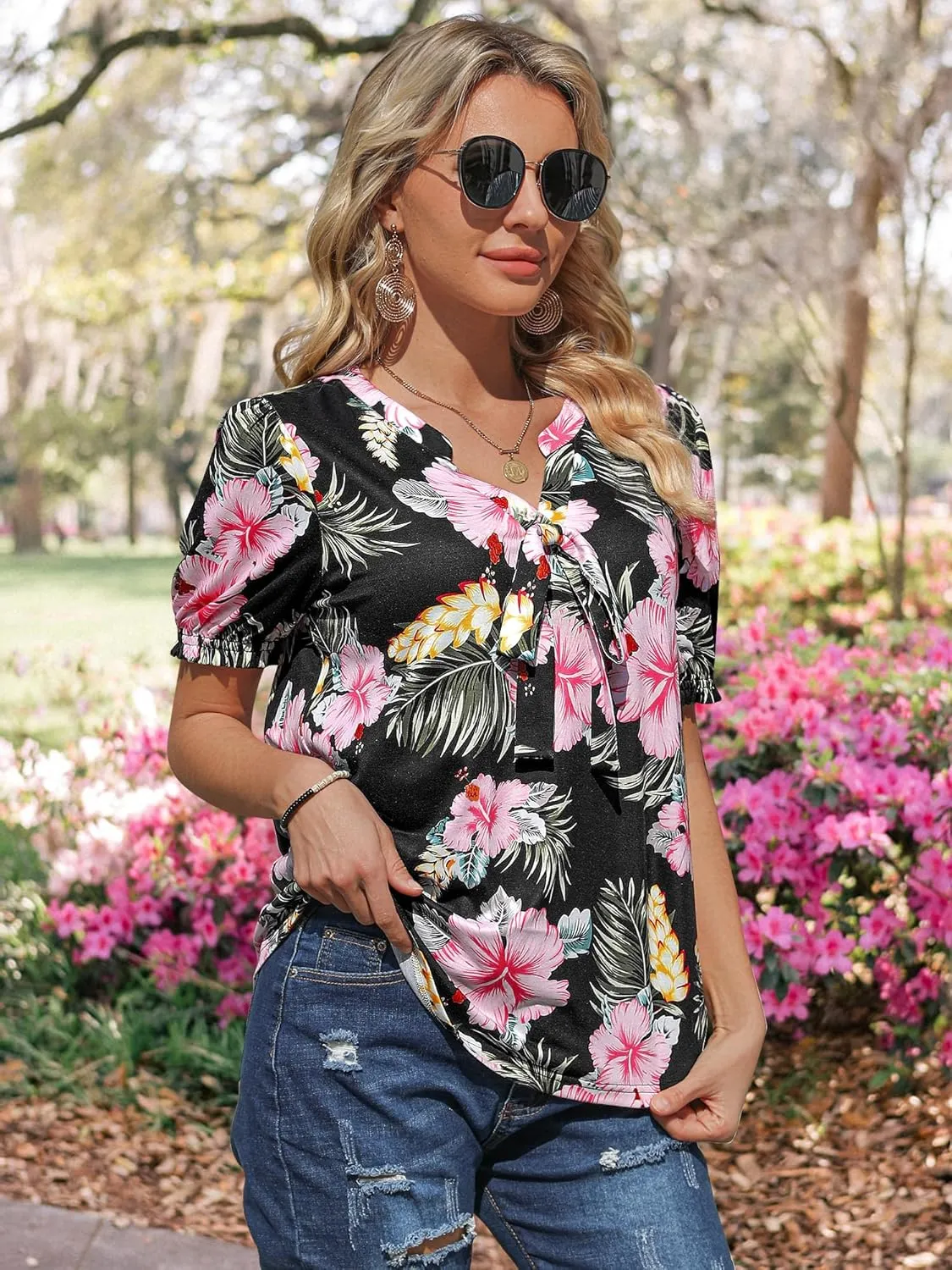 ZXZY Women Hawaiian Print Puff Short-Sleeve Bow Tie V Neck Dressy Tops T-Shirt Blouse